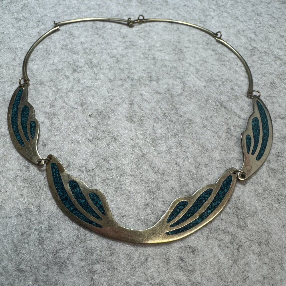 Vintage Alpaca Sterling Silver & Turquoise Chip Mosaic Inlay Necklace 60s - Picture 3 of 5